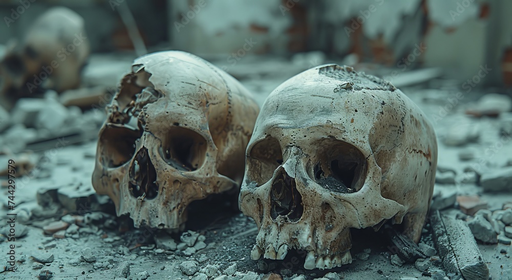 Two animal skulls, bleached by the sun, rest side by side on the rocky ground, a stark reminder of the cycle of life and death in the great outdoors Two animal skulls, bleached by the sun, rest side by side on the rocky ground, a stark reminder of the cycle of life and death in the great outdoors