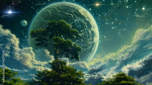 a planetary landscape with beautiful trees. Seamless looping time-lapse virtual 4k video animation background photo