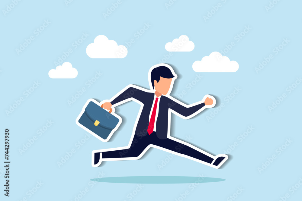 Business drive and agility lead to success in rapidly changing competition, posing career challenges, confident motivated businessman holding briefcase running with full effort to win competition.