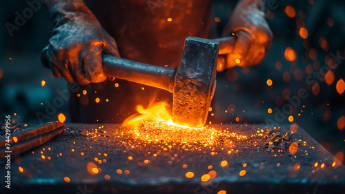 Close-up shot of a blacksmith at work forging iron