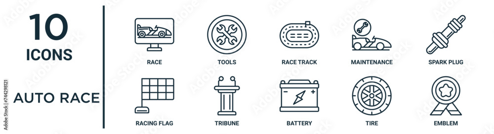 Vetor de auto race outline icon set includes thin line race, race track ...
