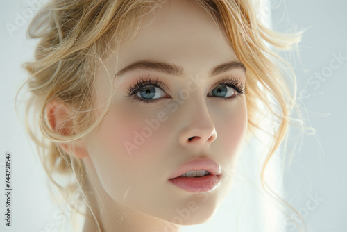 Clean blonde woman face and fresh skin for fashion and beauty care ads