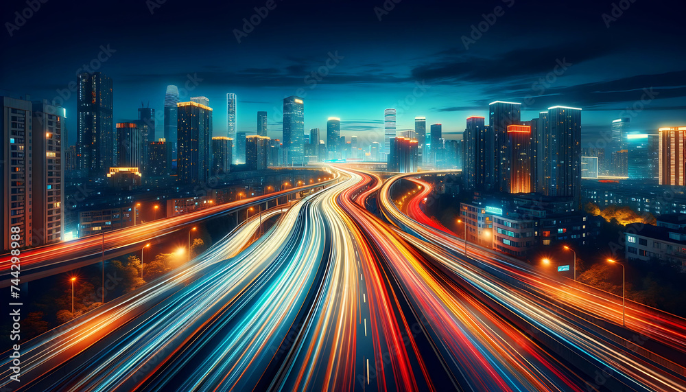 Futuristic Cityscape with Glowing Traffic Light Trails at Twilight