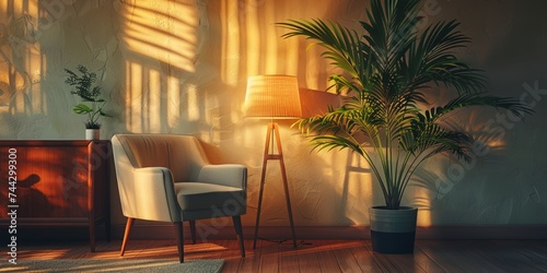Cozy home interior with chair and plant in warm sunlight ambiance