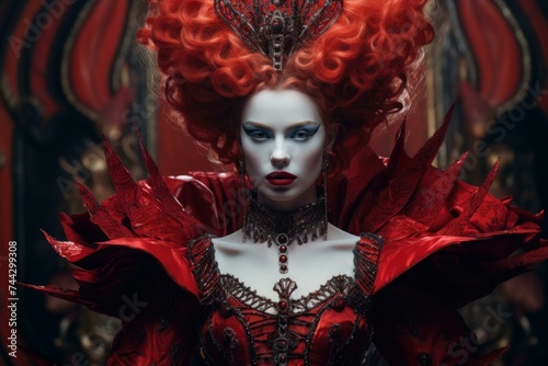 Red queen portrait. Royal female with bright red hair and fairy makeup. Generate ai