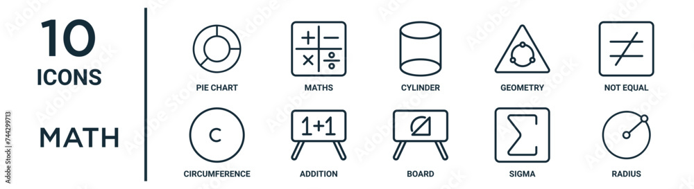 math outline icon set includes thin line pie chart, cylinder, not equal ...