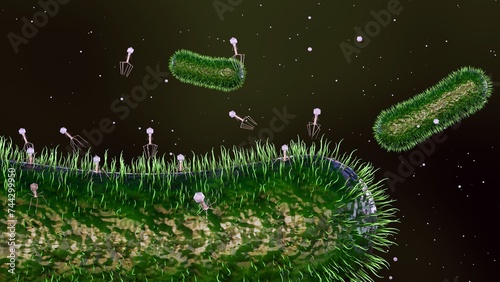 3d rendering of bacteriophages that infect and destroy bacteria. Phages scan for specific receptors on bacteria, once attached, they inject their genetic material into the bacterial cell