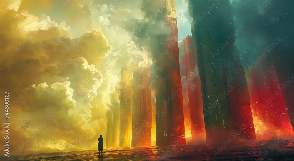 A lone figure gazes up at the towering cityscape, the clouds above ...