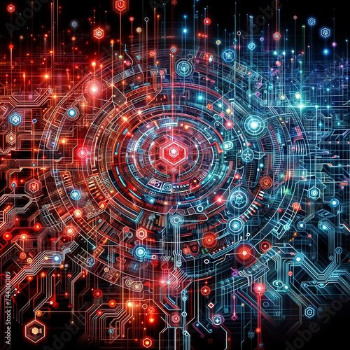 This image features a digital abstract piece with a dark background and a center circle made up of smaller red and blue circles. There are red and blue dots scattered around the circle.