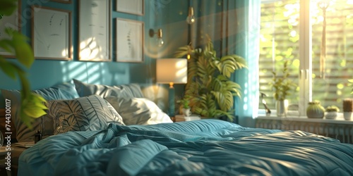 Serene bedroom scene with blue bedspread and morning light casting peaceful shadows