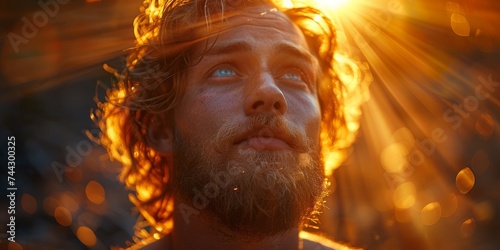 A rugged man basks in the warm glow of the sun  his piercing gaze and fiery beard capturing the essence of strength and determination
