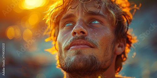 A bearded man gazes upwards, his face a portrait of contemplation and wonder amidst the vastness of the outdoor sky