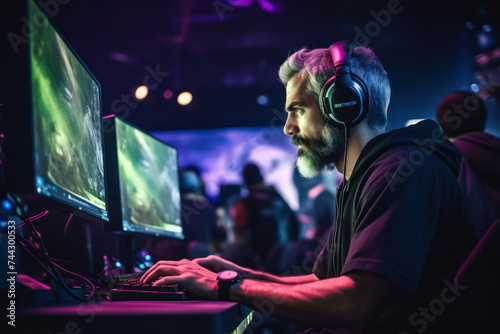 Cyber Gamer's Enthusiastic Enjoyment: A Young Male Competing in an Online Championship, immersed in Gaming World with a Neon-lit Computer Room