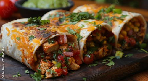 A mouthwatering medley of mexican cuisine, a group of savory burritos bursting with fresh vegetables and succulent meat, nestled in a warm tortilla wrap, beckoning to be devoured in the comfort of an photo