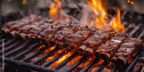 A sizzling display of succulent meat cooking over an open flame on a barbecue grill, creating a mouth-watering dish of grilled churrasco food that is both visually appealing and full of flavor