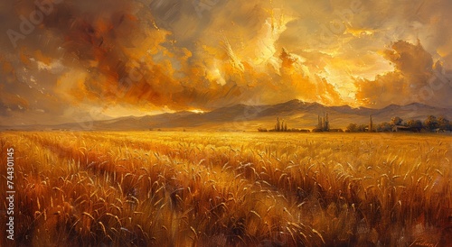 A majestic prairie landscape, painted with a golden sunset sky, adorned with billowing clouds, and framed by a field of swaying wheat, all against the backdrop of towering mountains