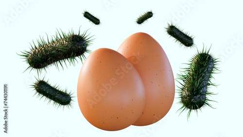 Foto 3d rendering salmonella and eggs, Salmonella infects the ovaries of hens, contam