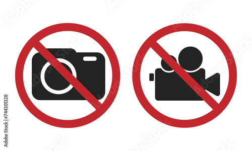 Bundle set prohibition sign no camera phone allowed, do not take picture and video with round camera crossed red label