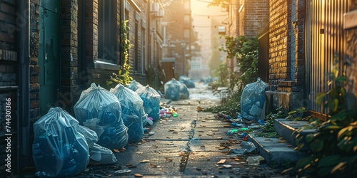Urban alleyway with overflowing trash bags in morning light, a scene of neglect and urban decay photo