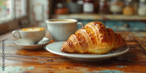 A delectable croissant sits next to a steaming cup of coffee on a charming table  evoking feelings of comfort and indulgence in this viennoiserie-filled breakfast scene