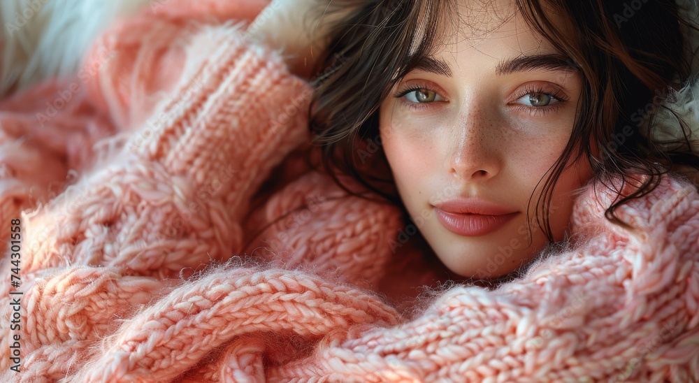 A woman with a warm smile and a pink sweater, adorned with a cozy red scarf, gazes directly at the camera in a closeup portrait that showcases the intricate knitting and soft skin of her face A woman with a warm smile and a pink sweater, adorned with a cozy red scarf, gazes directly at the camera in a closeup portrait that showcases the intricate knitting and soft skin of her face