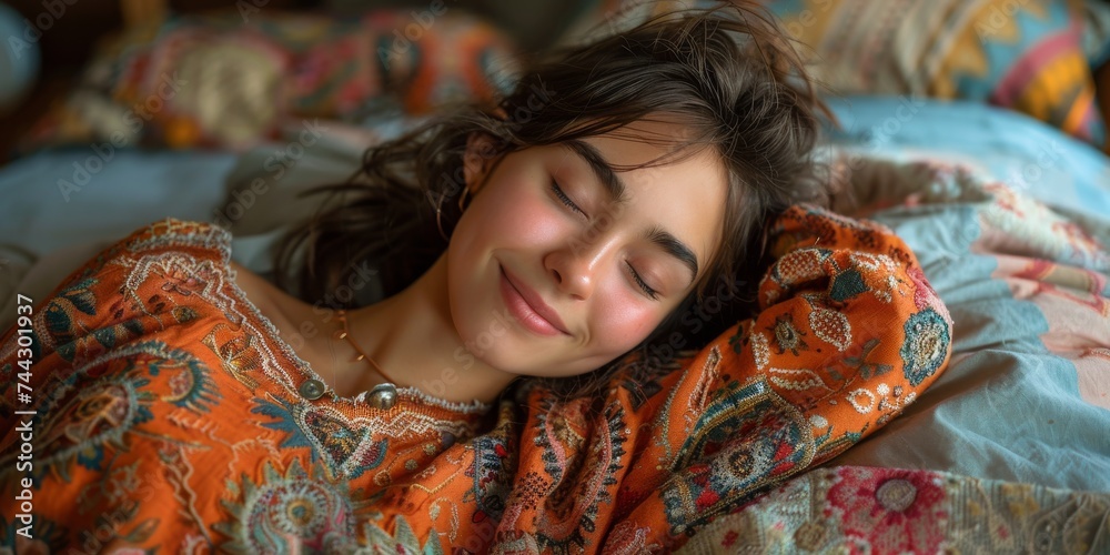 A serene smile graces the young woman's face as she lies peacefully in her bed, enveloped in soft bedclothes and bathed in warm indoor light