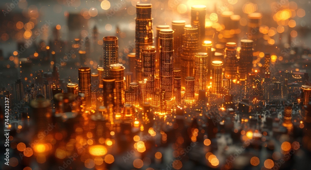 The glistening gold lights of the towering skyscrapers in this city create a breathtaking skyline against the dark night sky, illuminating the bustling streets below