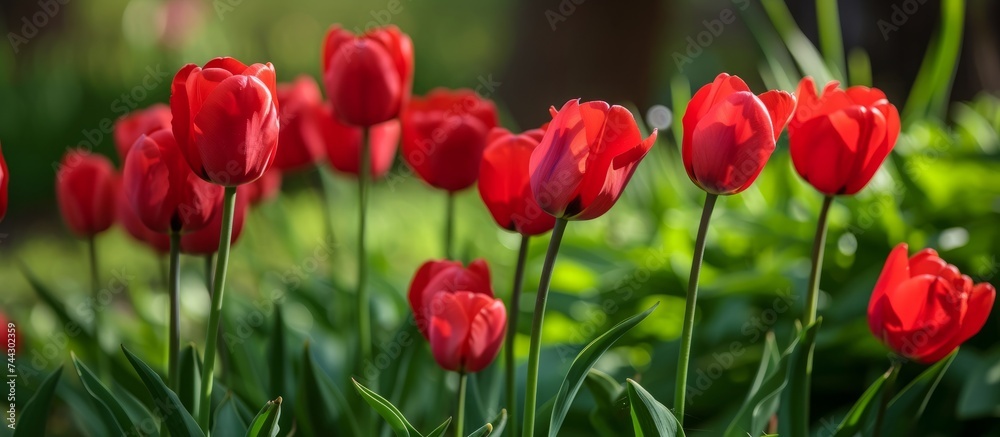 Naklejka premium Vibrant Red Tulips Blooming Beautifully in a Serene Garden Setting
