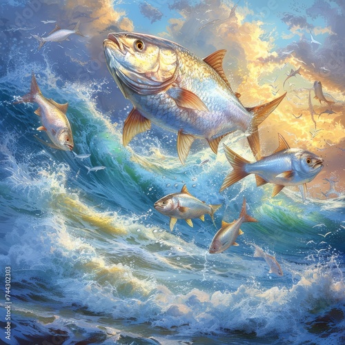 Illustration of Fish Leaping from Ocean Waves