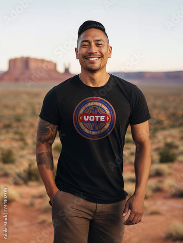 Portrait of a young Native American Indian man wearing a VOTE t-Shirt