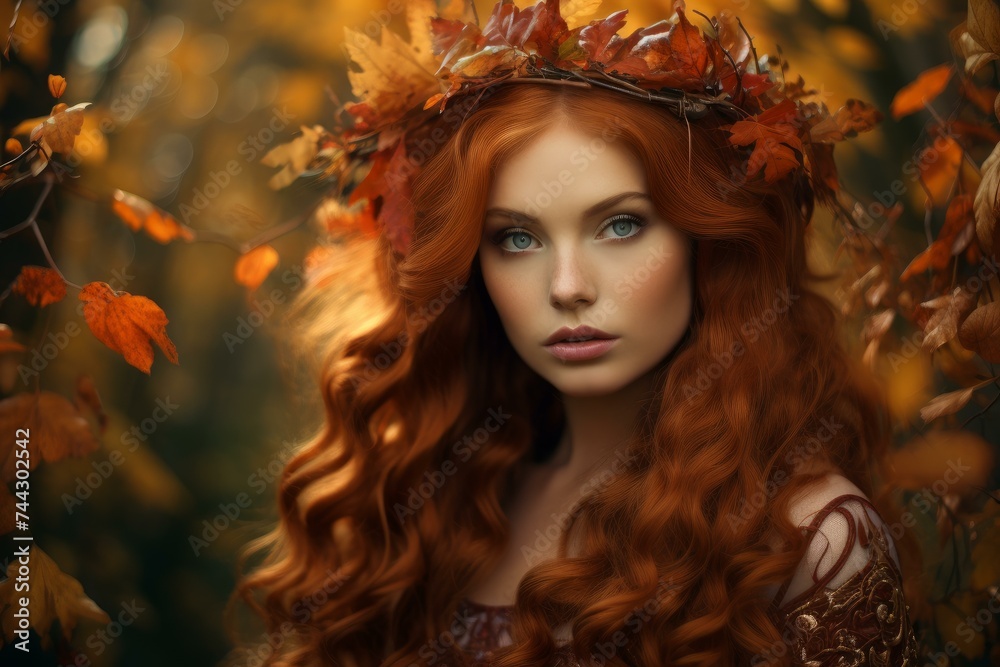 Red haired woman in wheat field portrait. Photo shot of cute girl at nature. Generate Ai