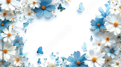 Flower border frame made of white and blue Daisy flowers and butterflies on white background. Seamless Greeting floral card template with copy space.
