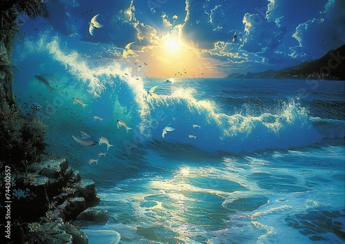 Animated Scene with Fish Flying Over Waves at Sunset