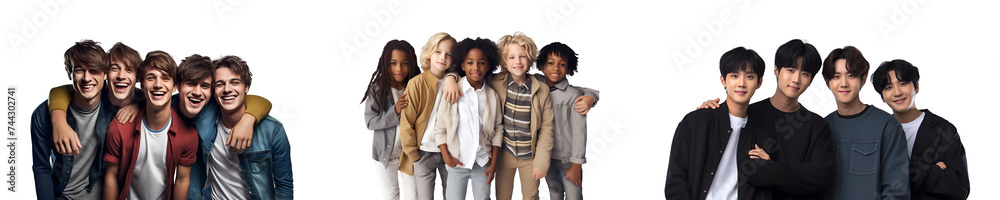 Group of teenage boys with friends happy smiling standing posing together, isolated on white background, png Group of teenage boys with friends happy smiling standing posing together, isolated on white background, png