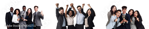 Group of young businesspeople successful business team with happy Smiling Professionals and holding trophy, Standing Together, isolated on white background, png