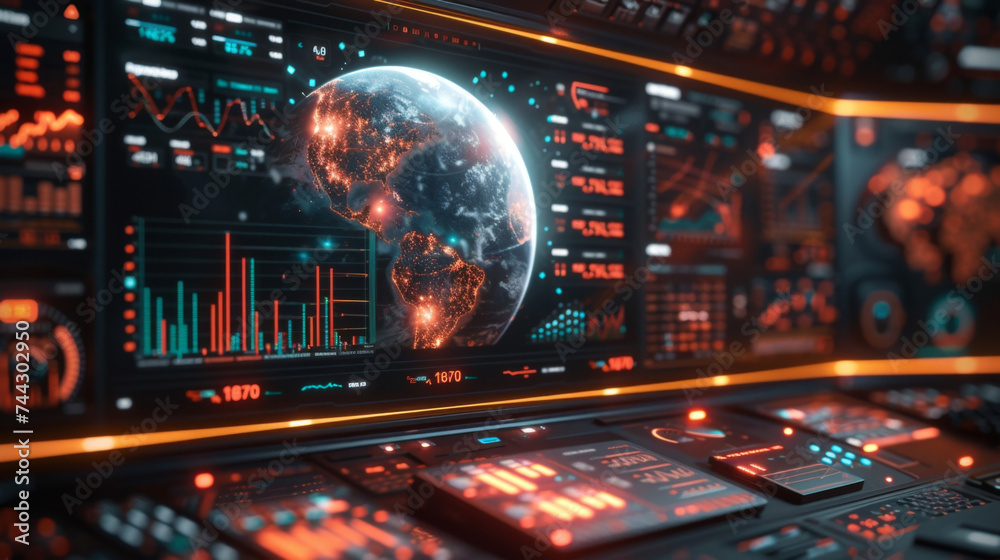 A futuristic stock market dashboard with a 3D globe at the center displaying different market data from around the world. The dashboard also includes realtime news updates A futuristic stock market dashboard with a 3D globe at the center displaying different market data from around the world. The dashboard also includes realtime news updates