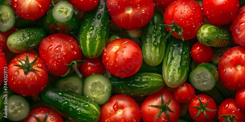 Heap of whole wet tomatoes and cucumbers.Seamless background for wrappers, fabrics, wallpapers, banners, 3d rendering. Top view point, full frame.