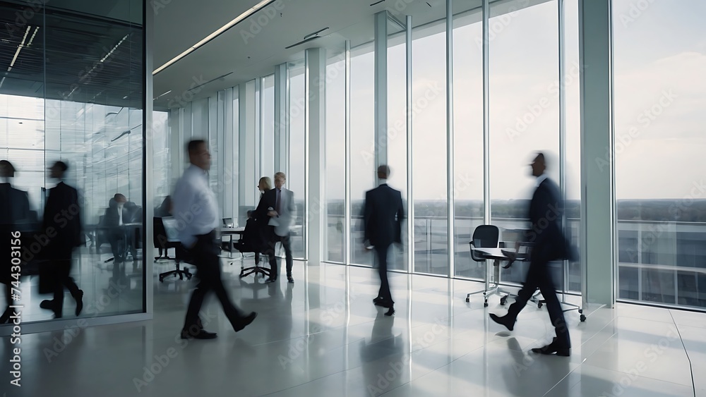 businesspeople walking in the corridor of an business center, pronounced motion blur, crowded bright modern light office movement defocused. office background busy businesspeople walking in the corridor of an business center, pronounced motion blur, crowded bright modern light office movement defocused. office background busy