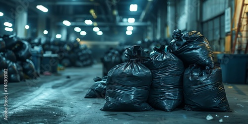 Black garbage bags arranged neatly in an industrial setting for efficient disposal