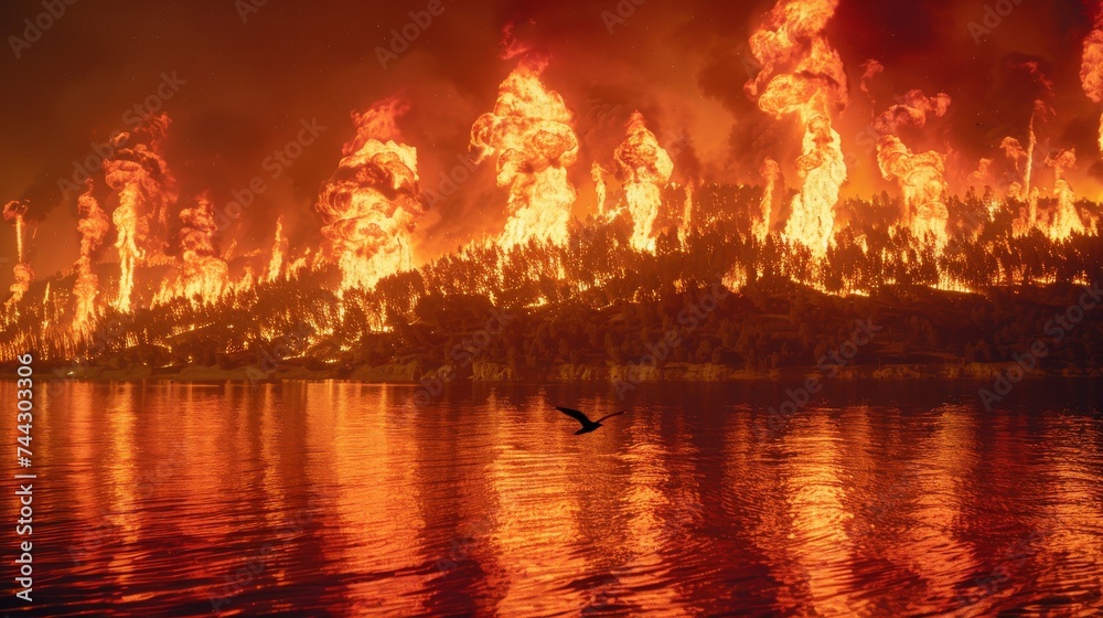 Forest Fire Disaster at Lakeside with Flying Bird Forest Fire Disaster at Lakeside with Flying Bird