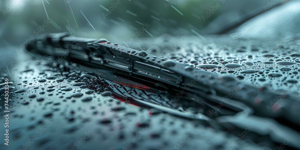 Raindrops on car with windshield wipers during a nighttime downpour, city lights blurred in background. - obrazy, fototapety, plakaty 