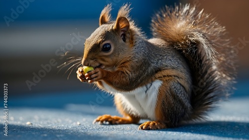 A small brown squirrel is standing on a blue surface, holding a nut in its paws and eating it. The squirrel appears to be enjoying the snack as it stands on the ground © Maly
