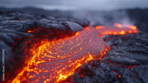 Closeup of fiery red and orange lava captured in a moment of intense movement as it cascades down a steep slope.