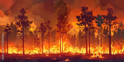 Forest fire  many acres of pine trees burn down during the dry season. Wildfire burns in the forest.The concept of global cataclysms on earth.