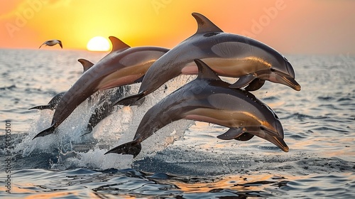 Pod of Dolphins Jumping at Sunrise