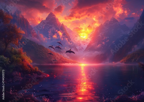 Surreal Mountain Sunset and Dolphins