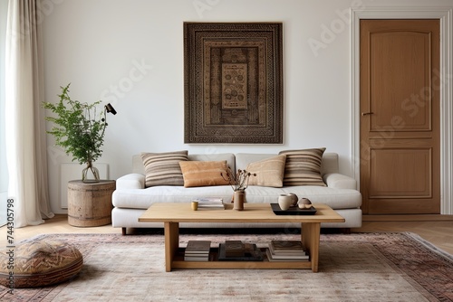 Antique Wooden Door Living Rooms: Modern House Design with Scandinavian Sofa, Patterned Rug, and Vintage Decor