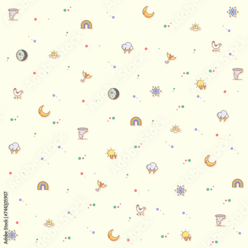 Vector illustration of a cute weather and weather cast. Collection of sunny, partly sunny, raining, snowing, cloudy, rainbow, weather forecast, rain and other elements. Isolated on beige.