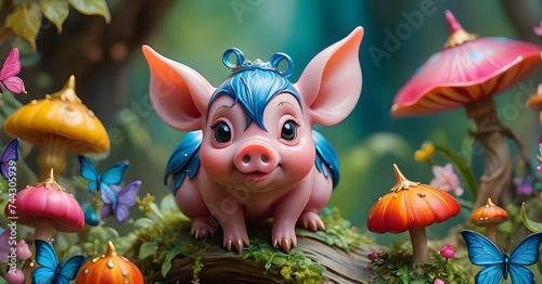 In a lush meadow  a regal piglet wearing a flower-decorated crown gazes with delight  surrounded by nature s splendor.