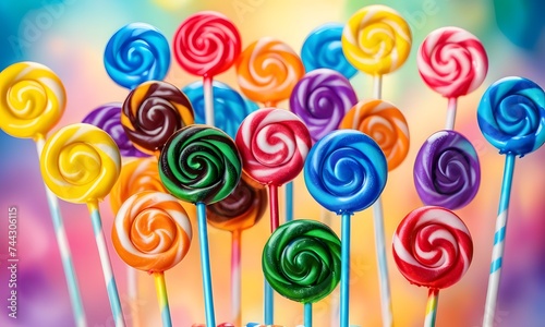 A vibrant collection of multicolored lollipops stands in unison, their swirls a feast for the eyes against a cheerful yellow background.